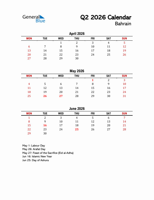 2026 Q2 Calendar with Holidays List for Bahrain