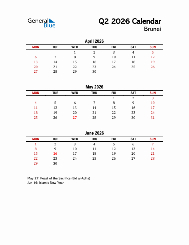 2026 Q2 Calendar with Holidays List for Brunei