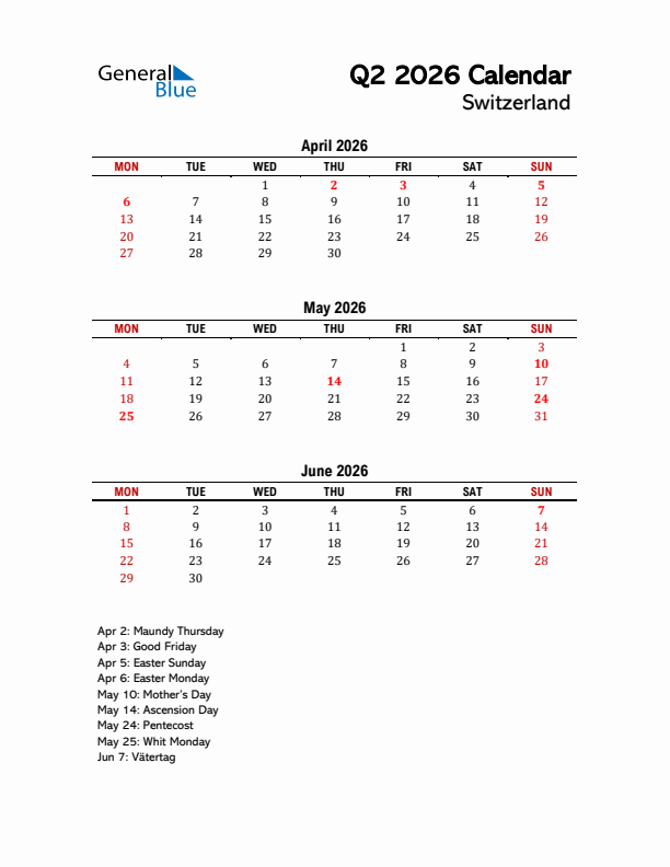 2026 Q2 Calendar with Holidays List for Switzerland