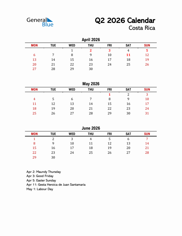 2026 Q2 Calendar with Holidays List for Costa Rica