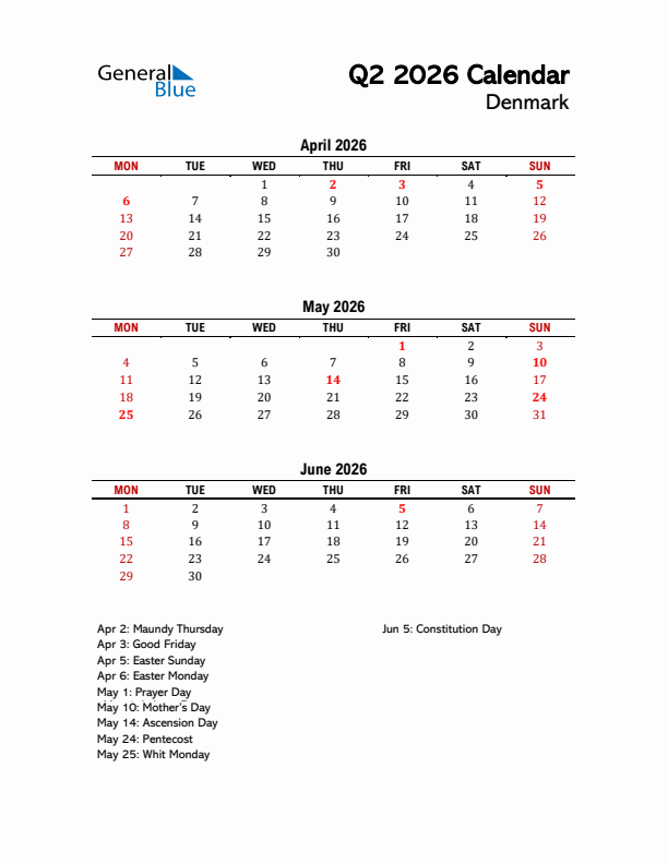 2026 Q2 Calendar with Holidays List for Denmark