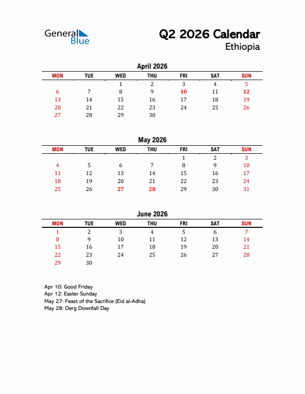 2026 Q2 Calendar with Holidays List for Ethiopia