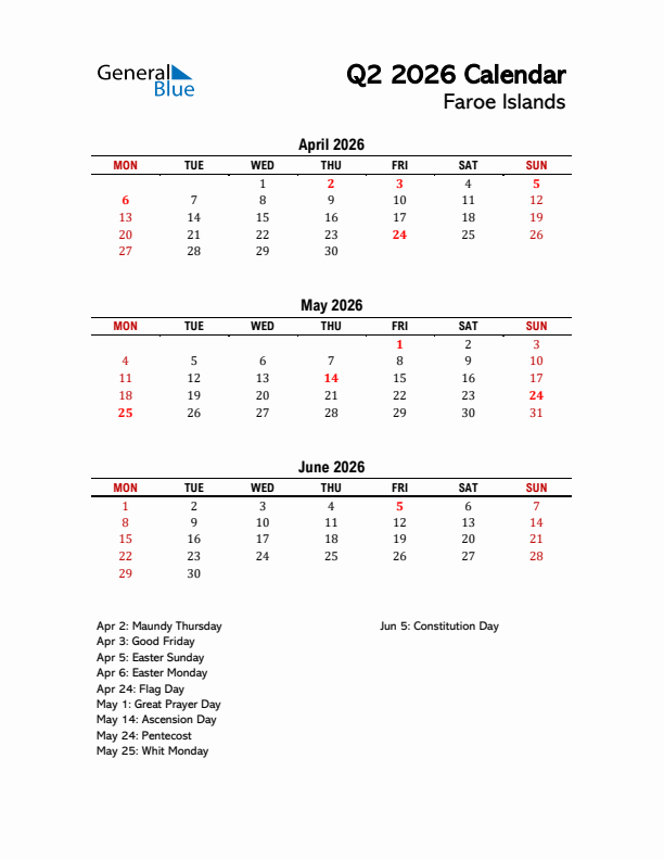 2026 Q2 Calendar with Holidays List for Faroe Islands