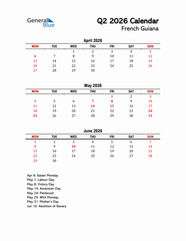 2026 Q2 Calendar with Holidays List for French Guiana