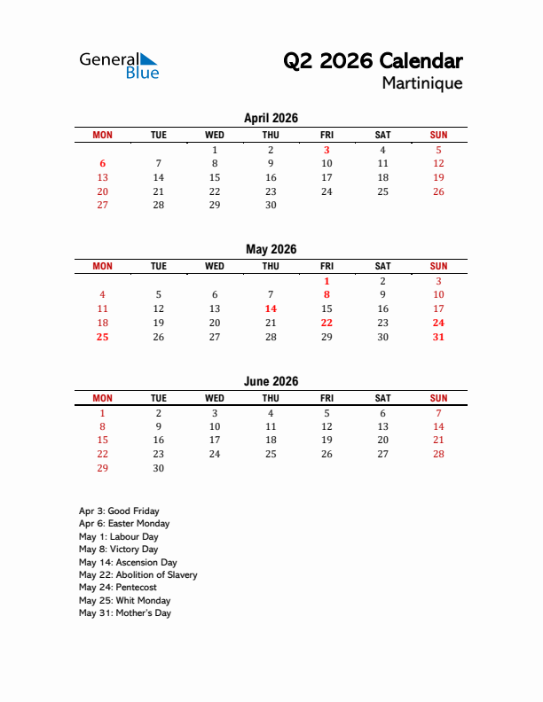 2026 Q2 Calendar with Holidays List for Martinique