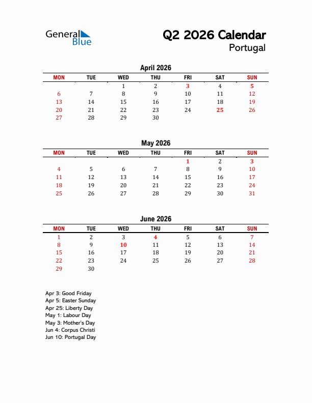 2026 Q2 Calendar with Holidays List for Portugal