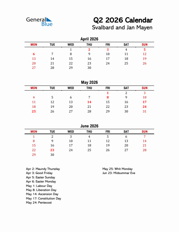 2026 Q2 Calendar with Holidays List for Svalbard and Jan Mayen