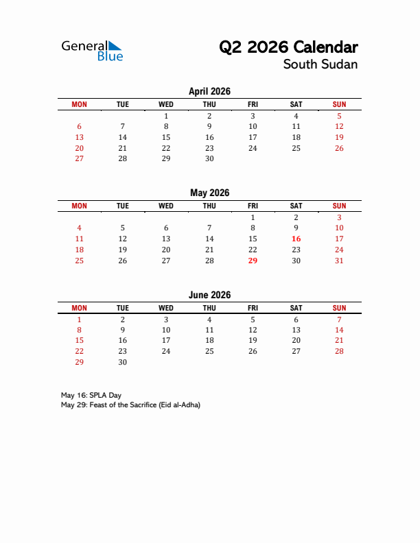 2026 Q2 Calendar with Holidays List for South Sudan