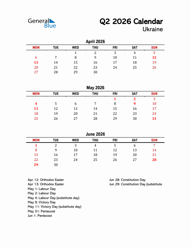 2026 Q2 Calendar with Holidays List for Ukraine