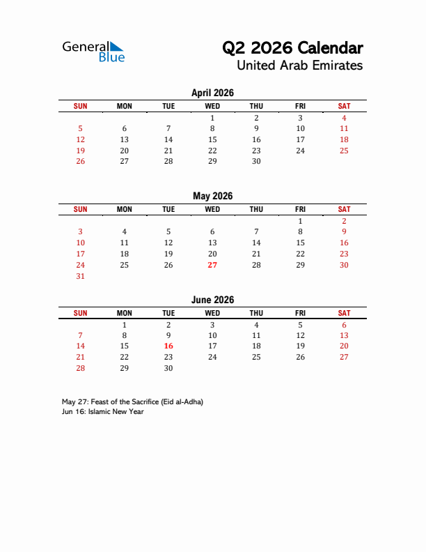 2026 Q2 Calendar with Holidays List for United Arab Emirates