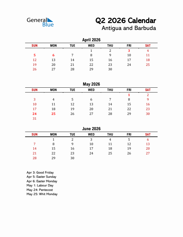 2026 Q2 Calendar with Holidays List for Antigua and Barbuda