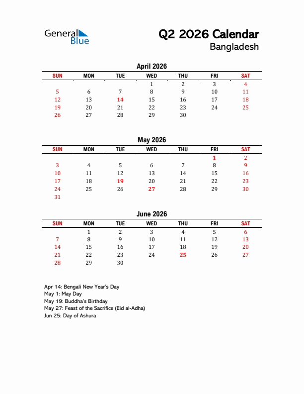 2026 Q2 Calendar with Holidays List for Bangladesh