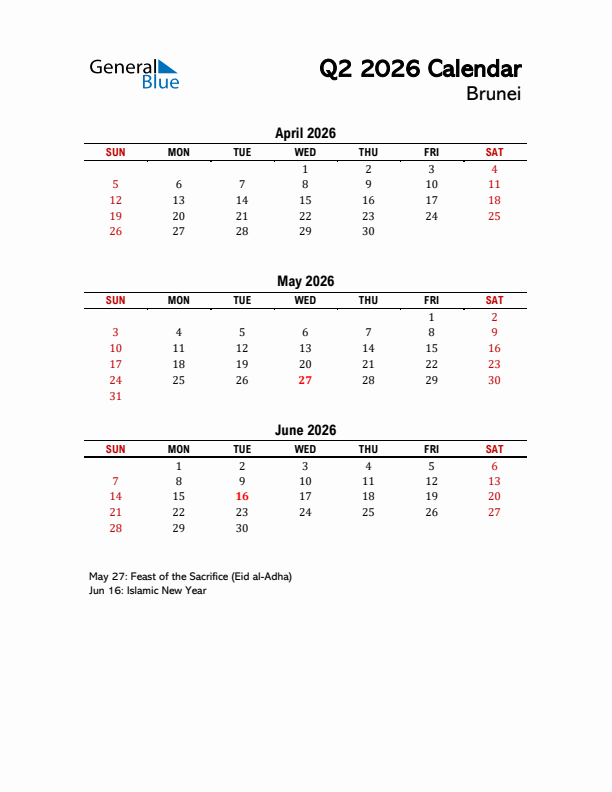 2026 Q2 Calendar with Holidays List for Brunei