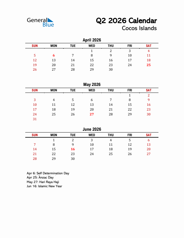 2026 Q2 Calendar with Holidays List for Cocos Islands