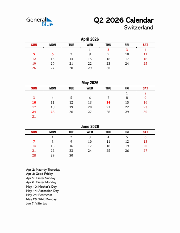 2026 Q2 Calendar with Holidays List for Switzerland