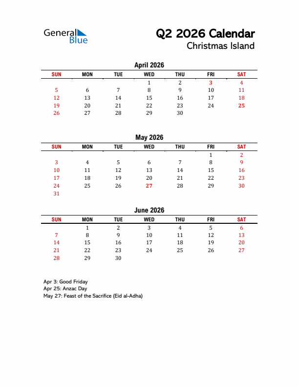 2026 Q2 Calendar with Holidays List for Christmas Island