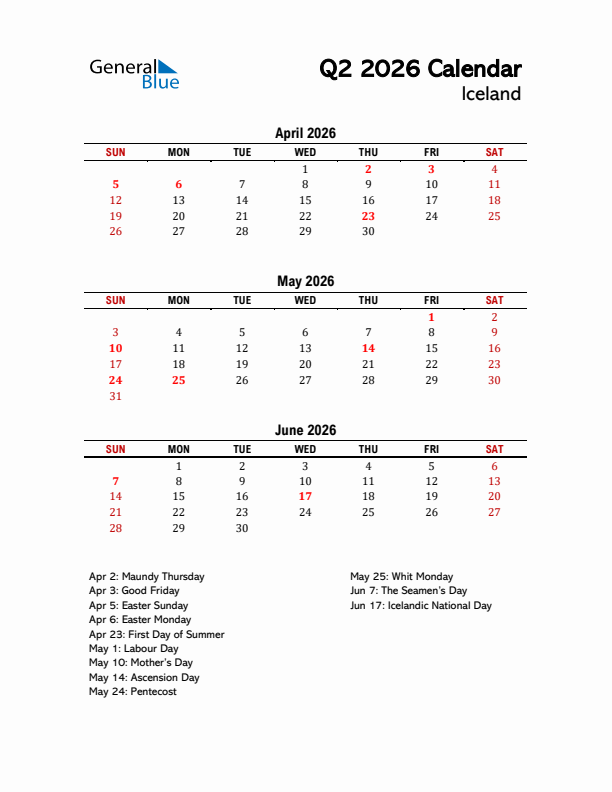 2026 Q2 Calendar with Holidays List for Iceland