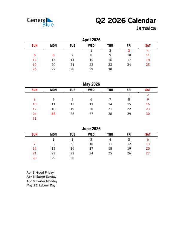 2026 Q2 Calendar with Holidays List for Jamaica