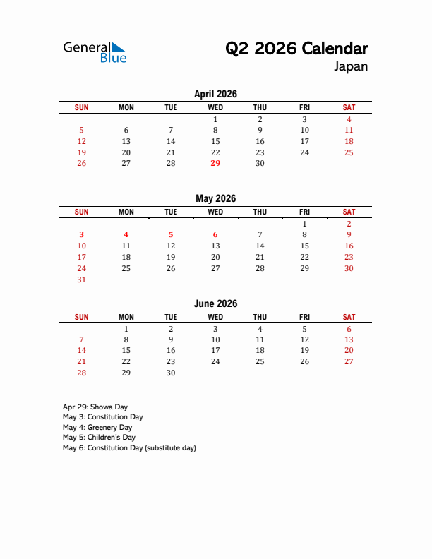 2026 Q2 Calendar with Holidays List for Japan