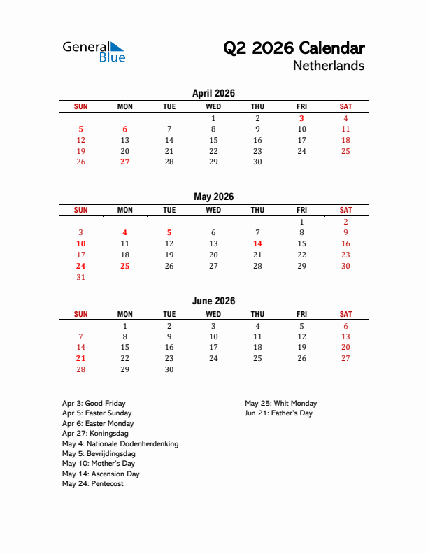 2026 Q2 Calendar with Holidays List for The Netherlands