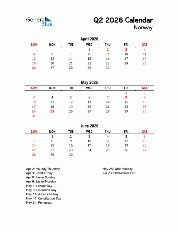 2026 Q2 Calendar with Holidays List for Norway