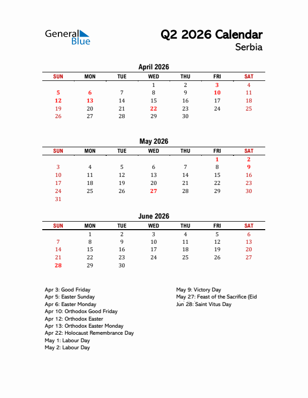 2026 Q2 Calendar with Holidays List for Serbia