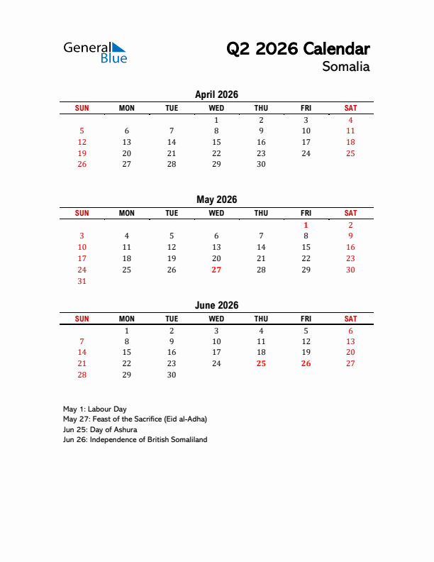 2026 Q2 Calendar with Holidays List for Somalia