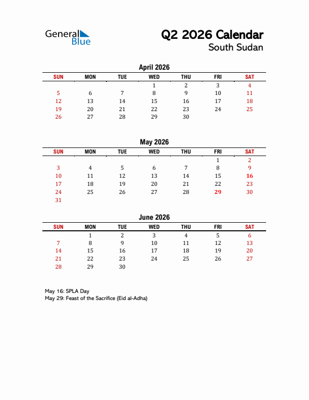 2026 Q2 Calendar with Holidays List for South Sudan