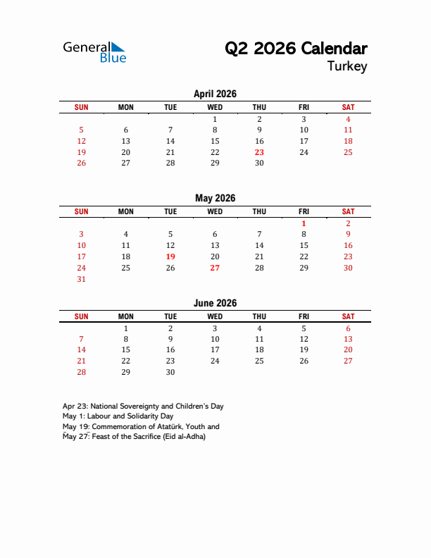 2026 Q2 Calendar with Holidays List for Turkey