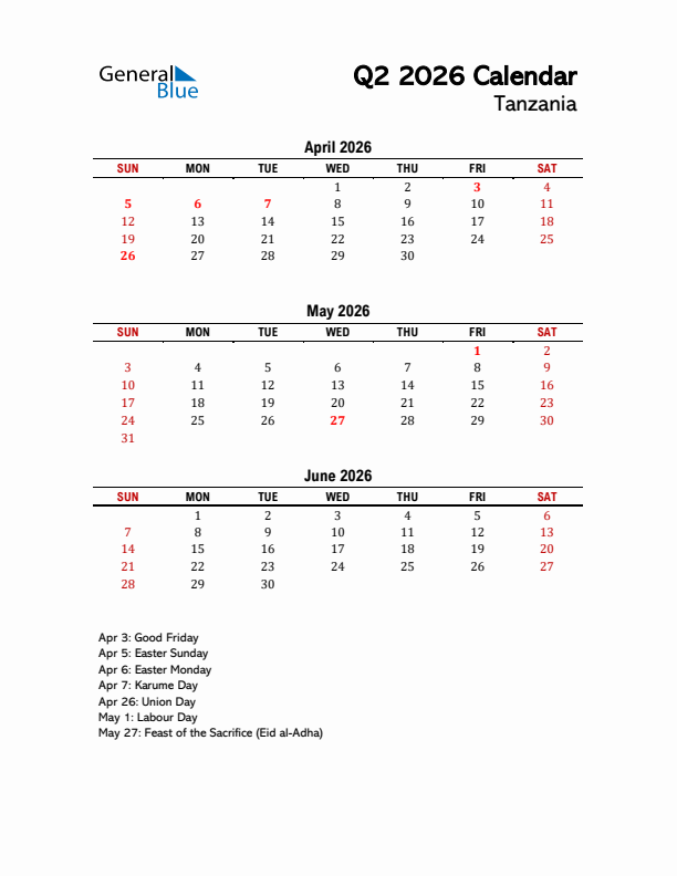 2026 Q2 Calendar with Holidays List for Tanzania