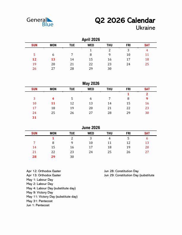 2026 Q2 Calendar with Holidays List for Ukraine