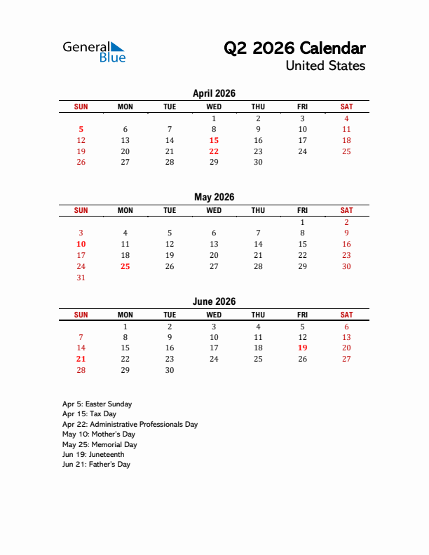 2026 Q2 Calendar with Holidays List for United States