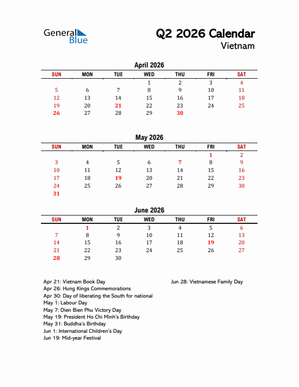 2026 Q2 Calendar with Holidays List for Vietnam