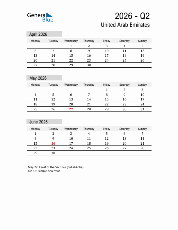 United Arab Emirates Quarter 2 2026 Calendar with Holidays