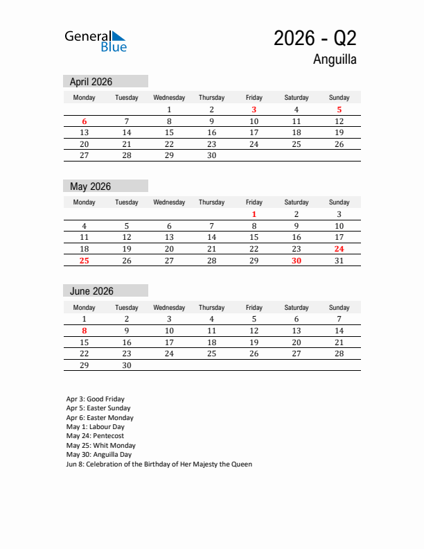 Anguilla Quarter 2 2026 Calendar with Holidays