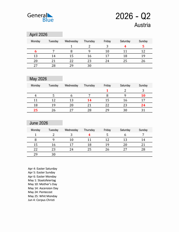 Austria Quarter 2 2026 Calendar with Holidays