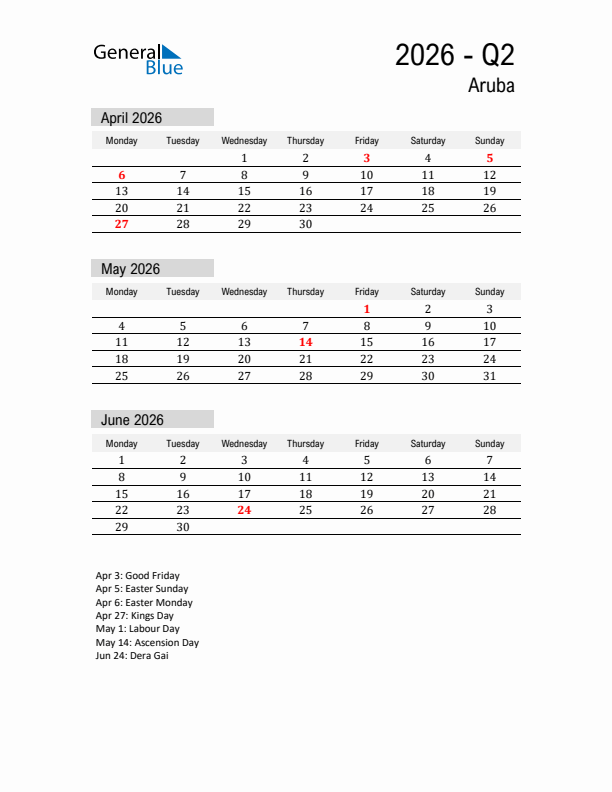 Aruba Quarter 2 2026 Calendar with Holidays