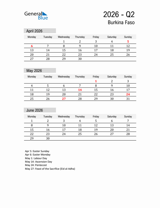 Burkina Faso Quarter 2 2026 Calendar with Holidays