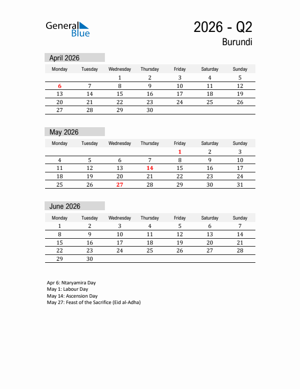 Burundi Quarter 2 2026 Calendar with Holidays