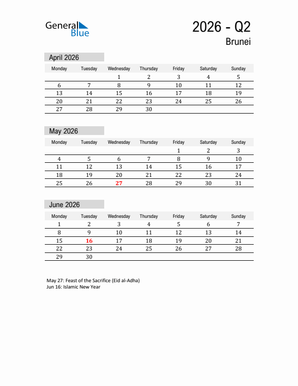 Brunei Quarter 2 2026 Calendar with Holidays