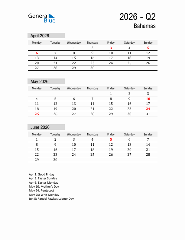 Bahamas Quarter 2 2026 Calendar with Holidays