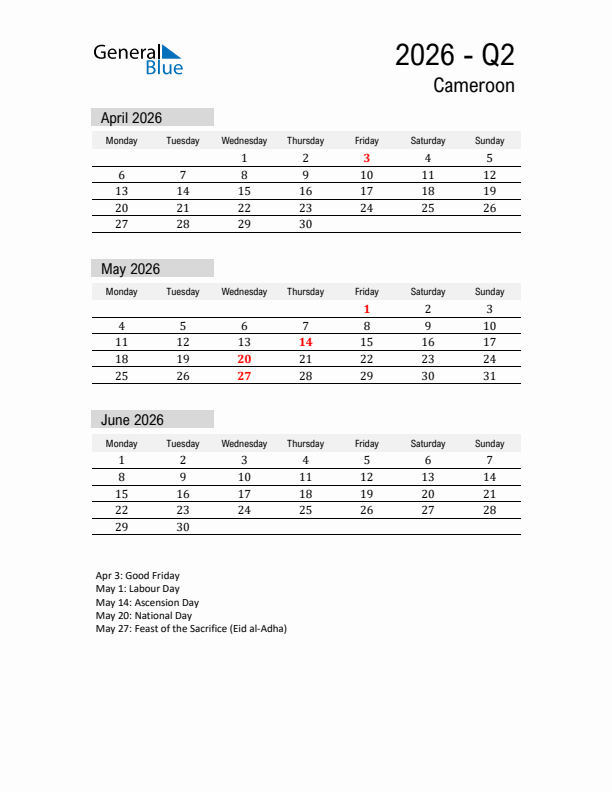 Cameroon Quarter 2 2026 Calendar with Holidays