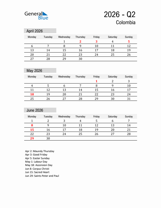 Colombia Quarter 2 2026 Calendar with Holidays