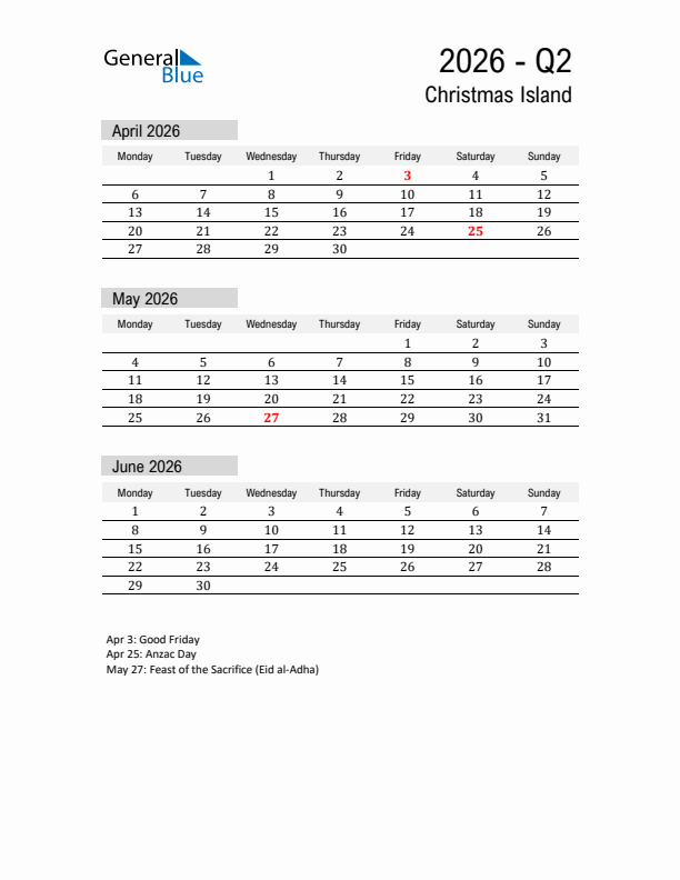 Christmas Island Quarter 2 2026 Calendar with Holidays