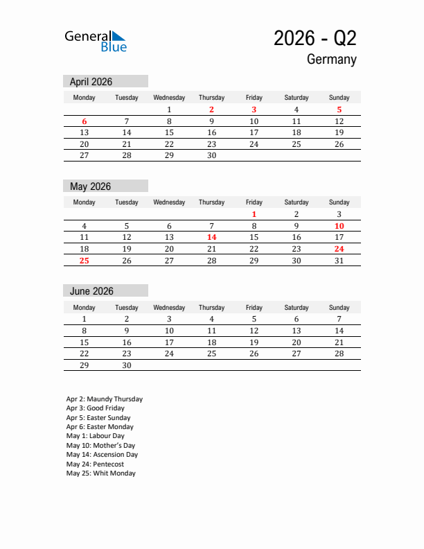 Germany Quarter 2 2026 Calendar with Holidays