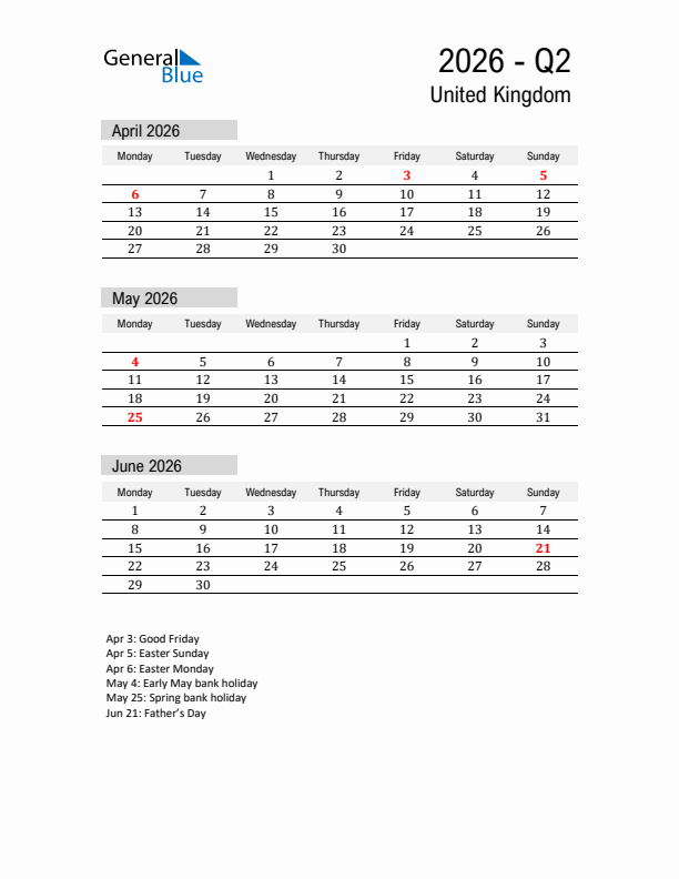 United Kingdom Quarter 2 2026 Calendar with Holidays