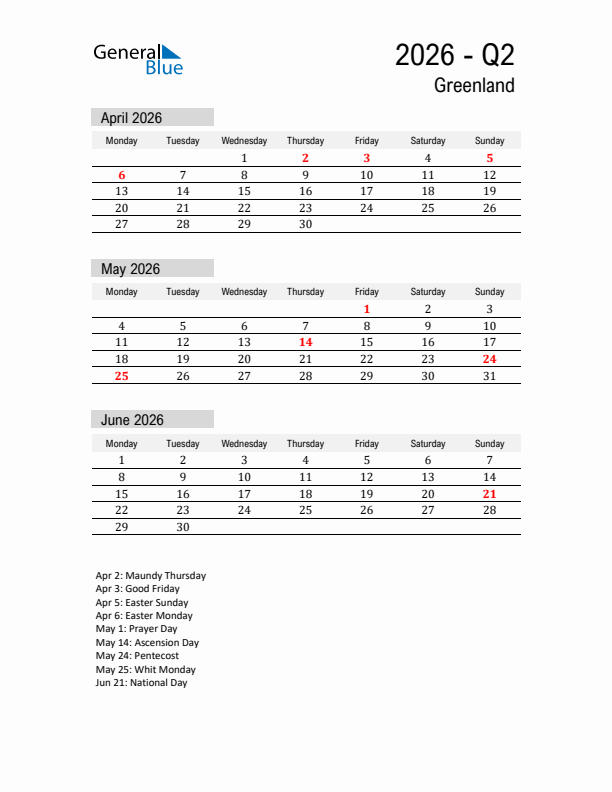 Greenland Quarter 2 2026 Calendar with Holidays