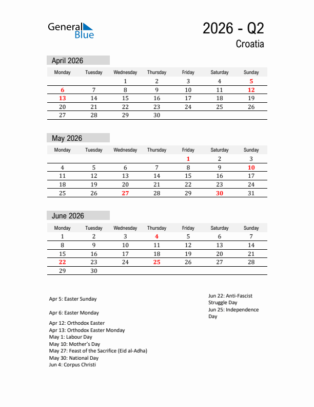 Croatia Quarter 2 2026 Calendar with Holidays