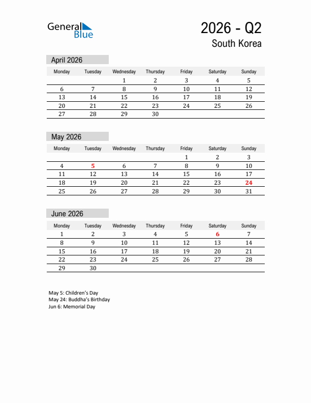 South Korea Quarter 2 2026 Calendar with Holidays