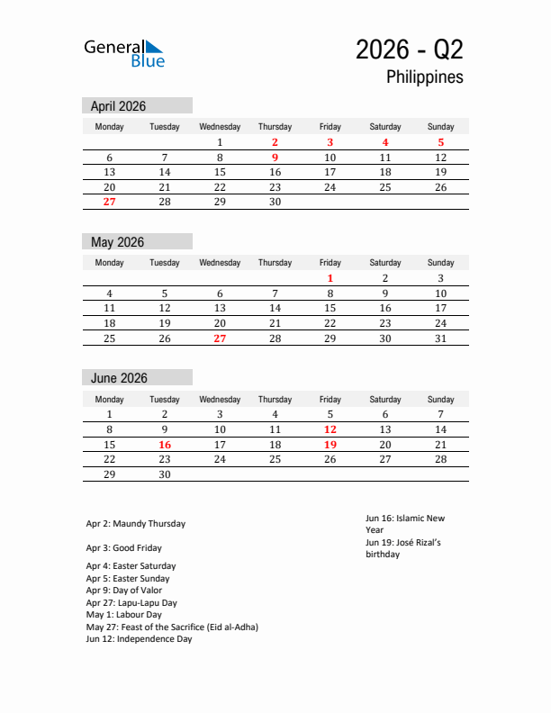 Philippines Quarter 2 2026 Calendar with Holidays